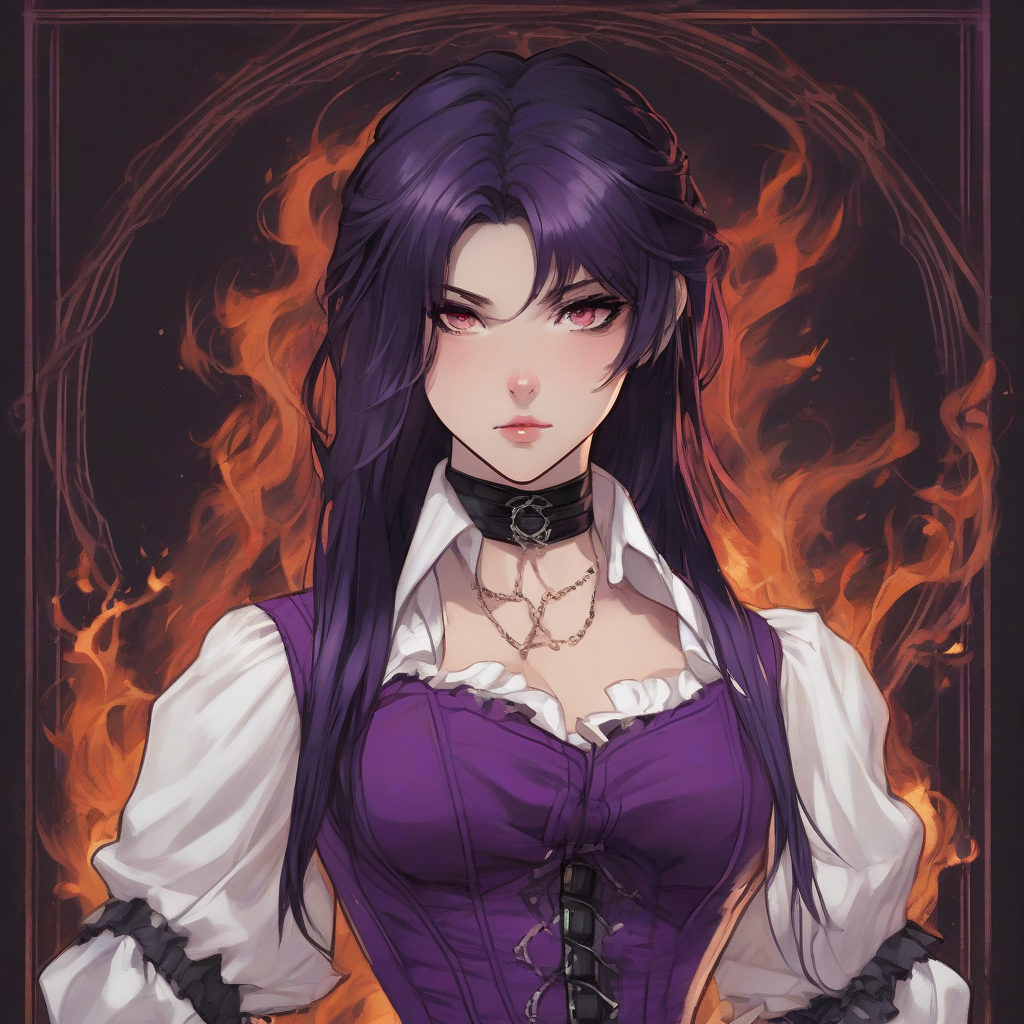 european dark purple hair serious face white shirt dark purple corset black collar by मुफ्त एआई छवि जनरेटर - बिना लॉगिन के✨ | AIGAZOU