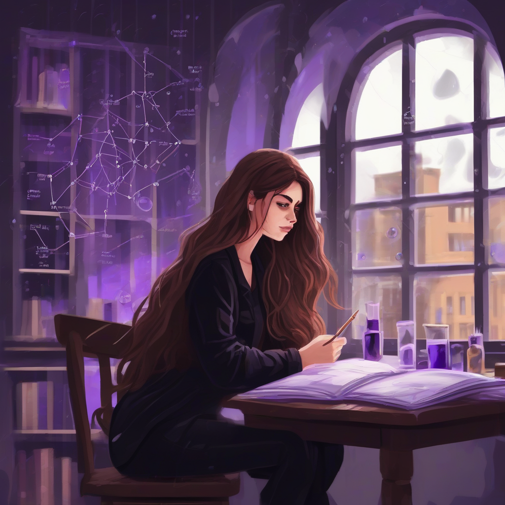 artsy brown long hair beautiful woman black clothes studying chemistry in front of window rainy day purple by मुफ्त एआई छवि जनरेटर - बिना लॉगिन के✨ | AIGAZOU