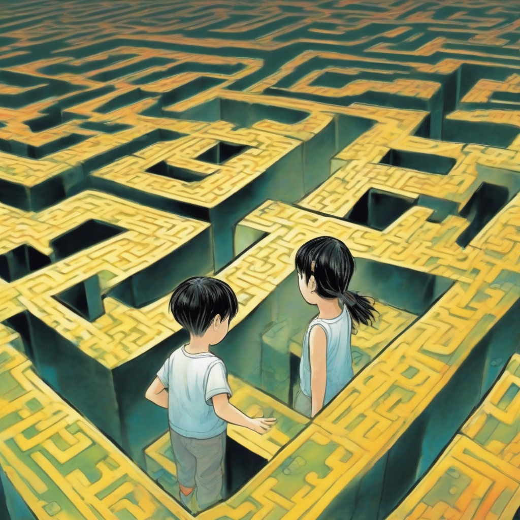 two children enter a maze of mirrors by मुफ्त एआई छवि जनरेटर - बिना लॉगिन के✨ | AIGAZOU