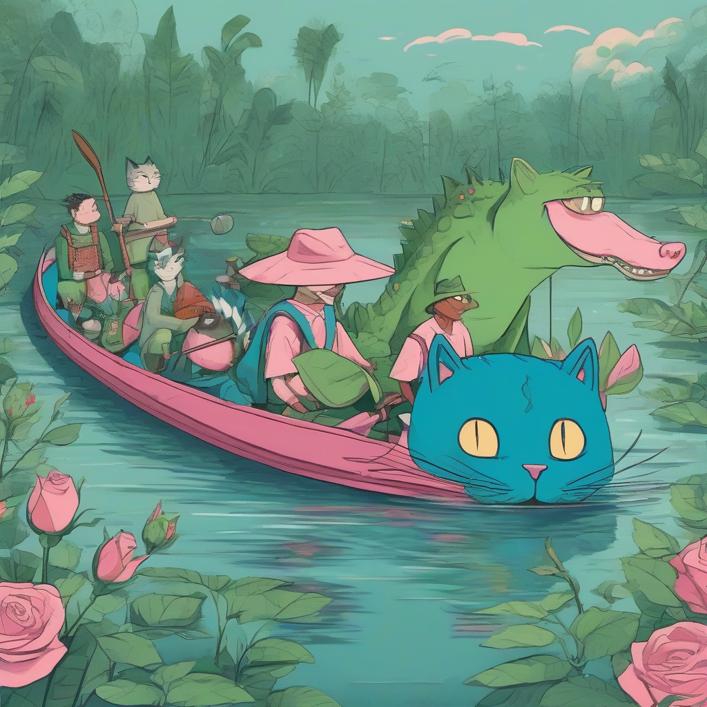 a train rose descend a river with blue crocodiles and a green cat on a canoe by मुफ्त एआई छवि जनरेटर - बिना लॉगिन के✨ | AIGAZOU