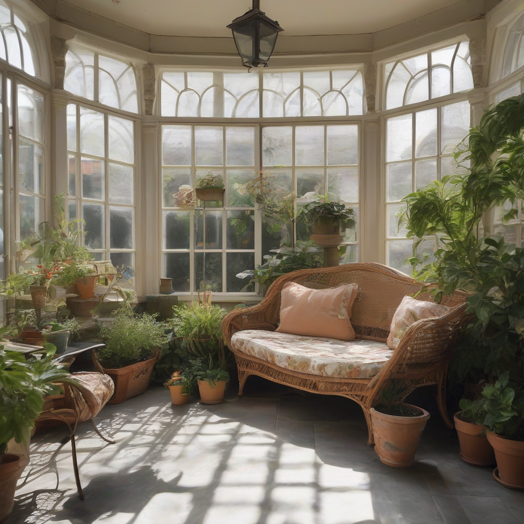 a sunroom located in a courtyard with foliage plants and sofas by मुफ्त एआई छवि जनरेटर - बिना लॉगिन के✨ | AIGAZOU