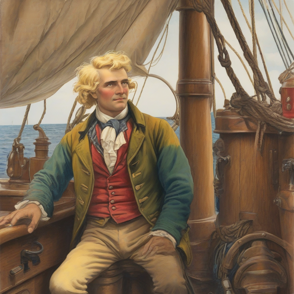 man with blonde hair and old fashioned colorful clothing on board of an old sailing ship by मुफ्त एआई छवि जनरेटर - बिना लॉगिन के✨ | AIGAZOU