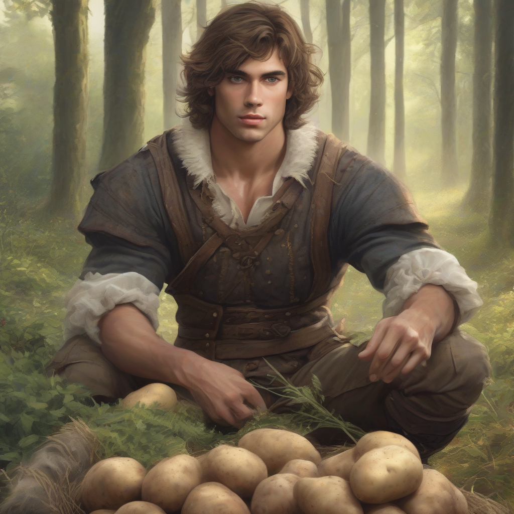 young muscular man with wavy brown hair in medieval clothing on a small potato field by the forest by मुफ्त एआई छवि जनरेटर - बिना लॉगिन के✨ | AIGAZOU