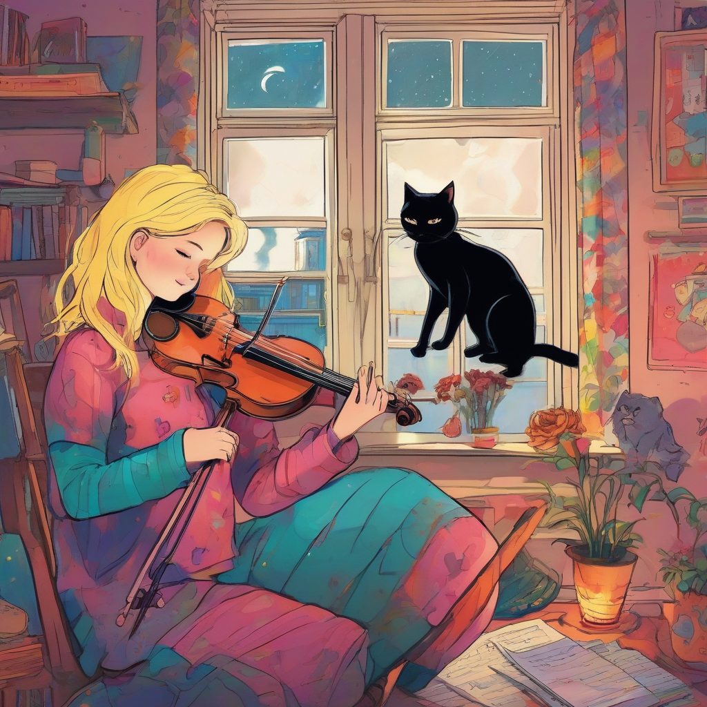 a blonde girl mia plays violin in her colorful room by Générateur d'images par IA gratuit - Aucune connexion nécessaire✨ | AIGAZOU