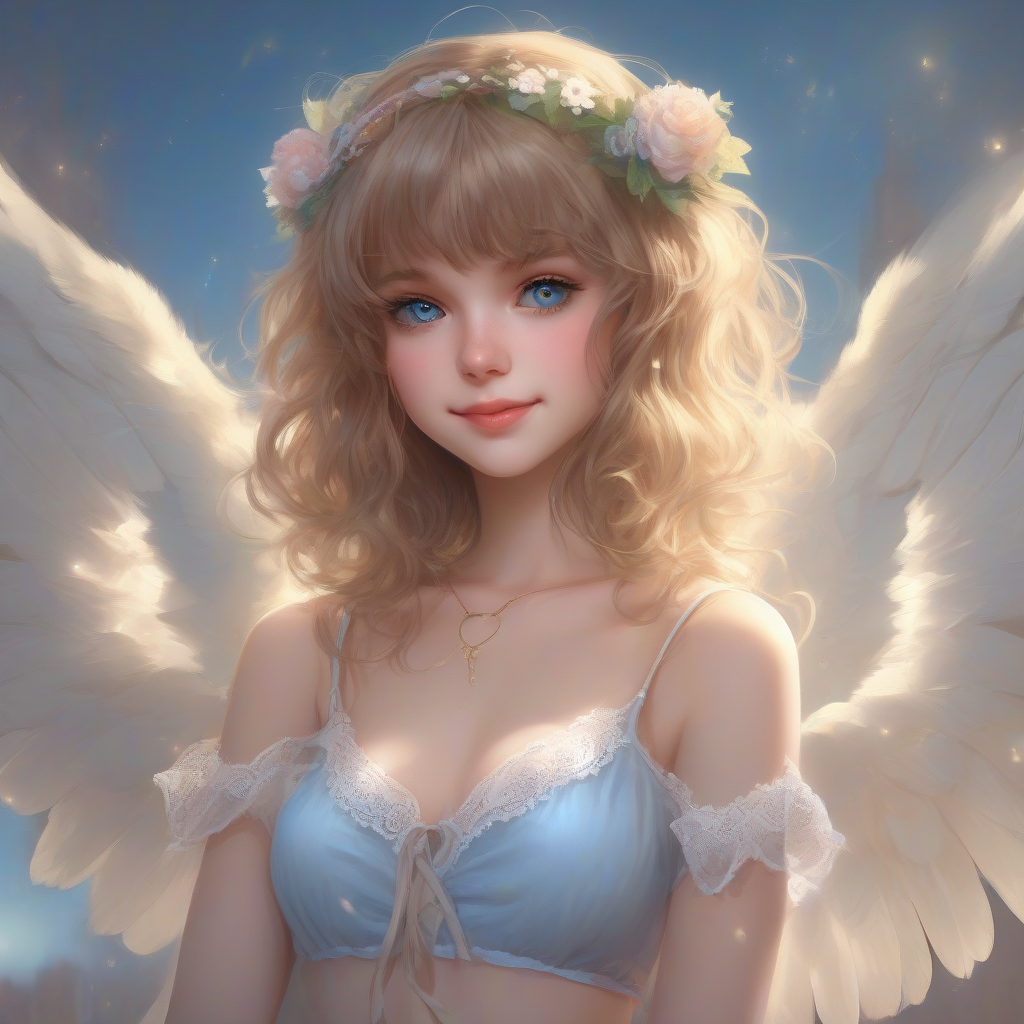 angelic girl with long golden hair and oversized boobs by मुफ्त एआई छवि जनरेटर - बिना लॉगिन के✨ | AIGAZOU