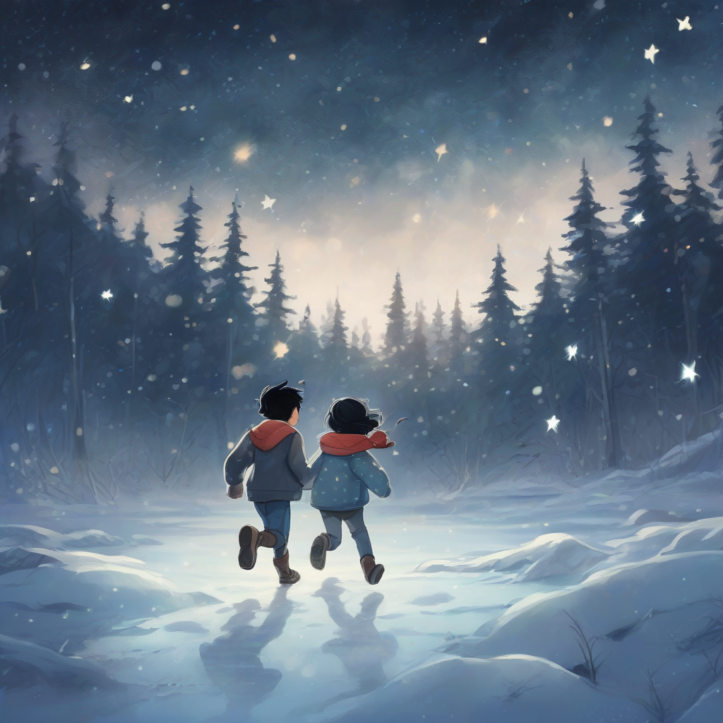 two black haired kids run towards the forest with stars shining in the sky they help each other safely cross by मुफ्त एआई छवि जनरेटर - बिना लॉगिन के✨ | AIGAZOU