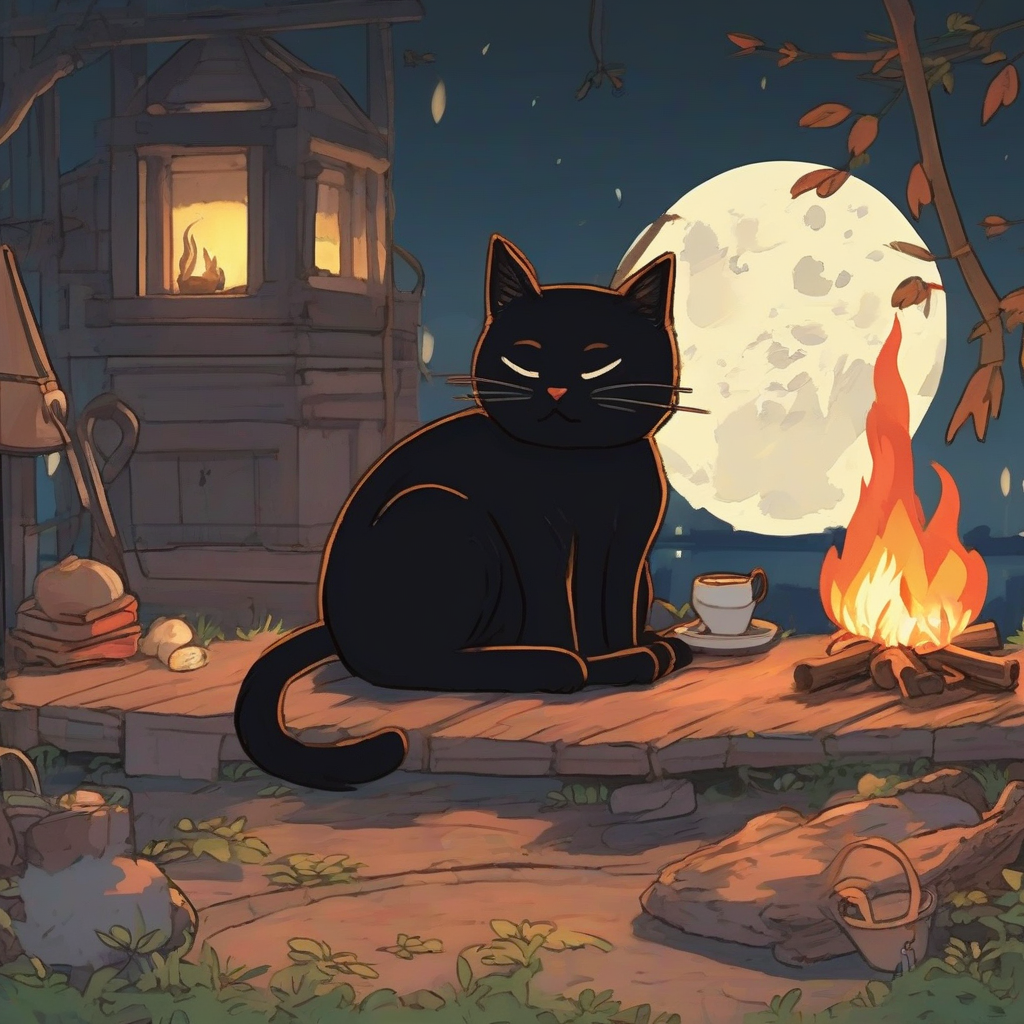 time is a black cat sleeping by the evening fire in studio ghibli style by मुफ्त एआई छवि जनरेटर - बिना लॉगिन के✨ | AIGAZOU