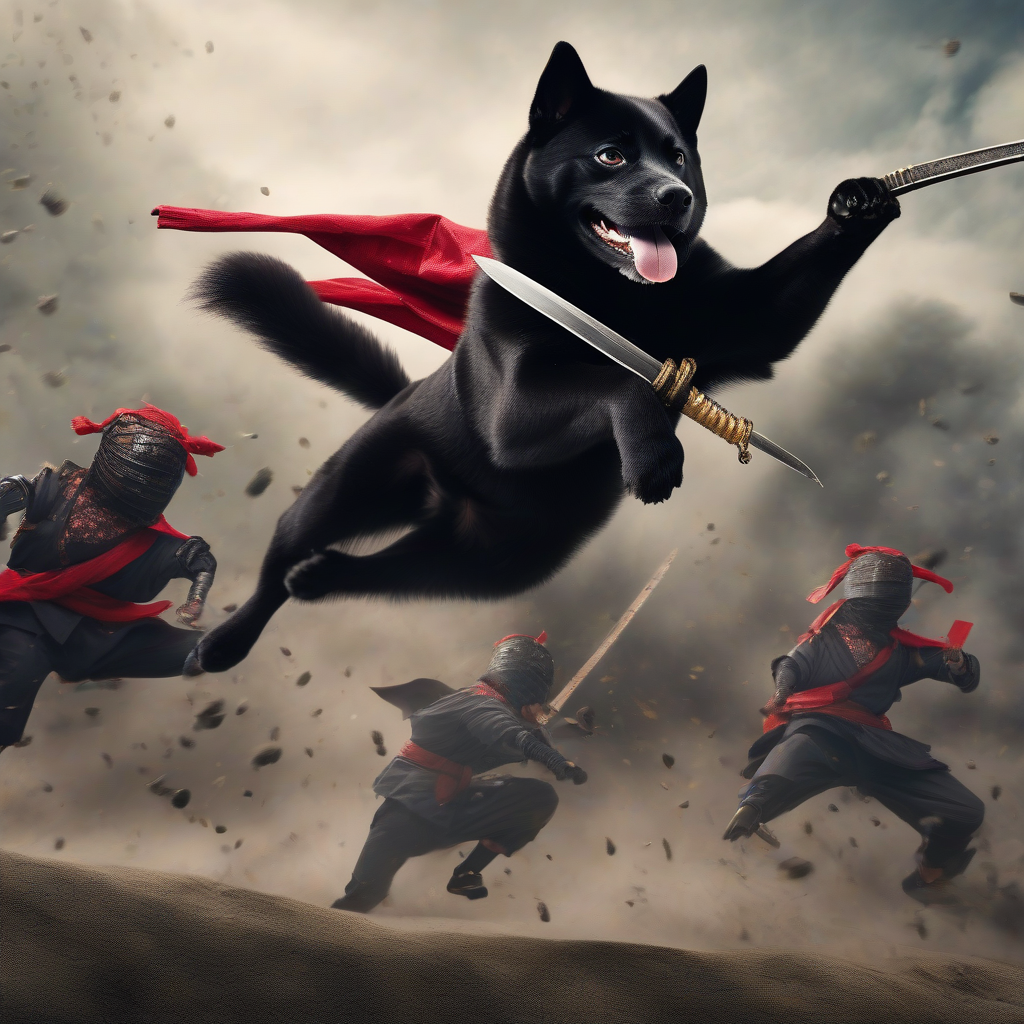 realistic photograph black shiba inu fighting ninjas with japanese sword by मुफ्त एआई छवि जनरेटर - बिना लॉगिन के✨ | AIGAZOU