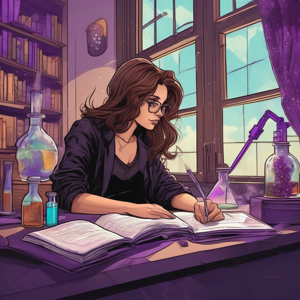 comic style brown haired beautiful woman black clothes studying chemistry in front of window purple by Générateur d'images par IA gratuit - Aucune connexion nécessaire✨ | AIGAZOU