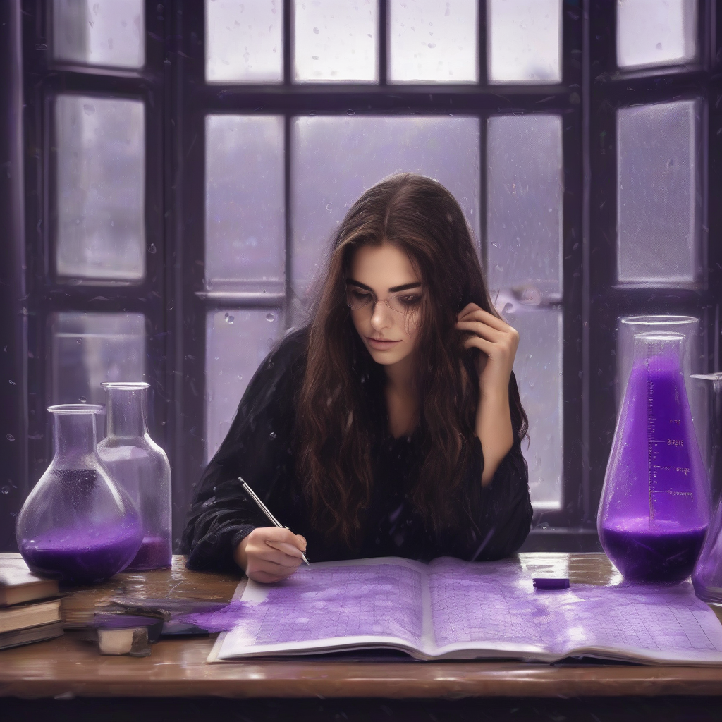 brown long hair beautiful woman black clothes studying chemistry in front of window rainy day purple by मुफ्त एआई छवि जनरेटर - बिना लॉगिन के✨ | AIGAZOU