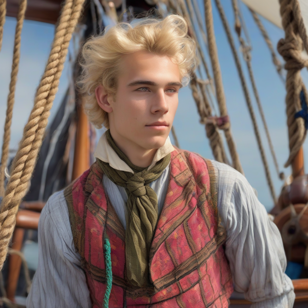 young man with blonde hair and vintage clothing on old sailboat by मुफ्त एआई छवि जनरेटर - बिना लॉगिन के✨ | AIGAZOU