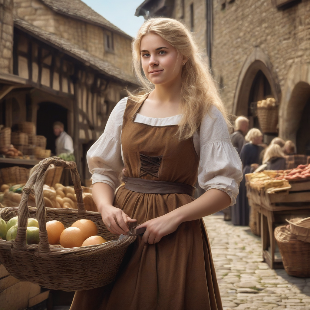 young woman in brown dress and apron with old basket and blonde hair at medieval market stall by मुफ्त एआई छवि जनरेटर - बिना लॉगिन के✨ | AIGAZOU