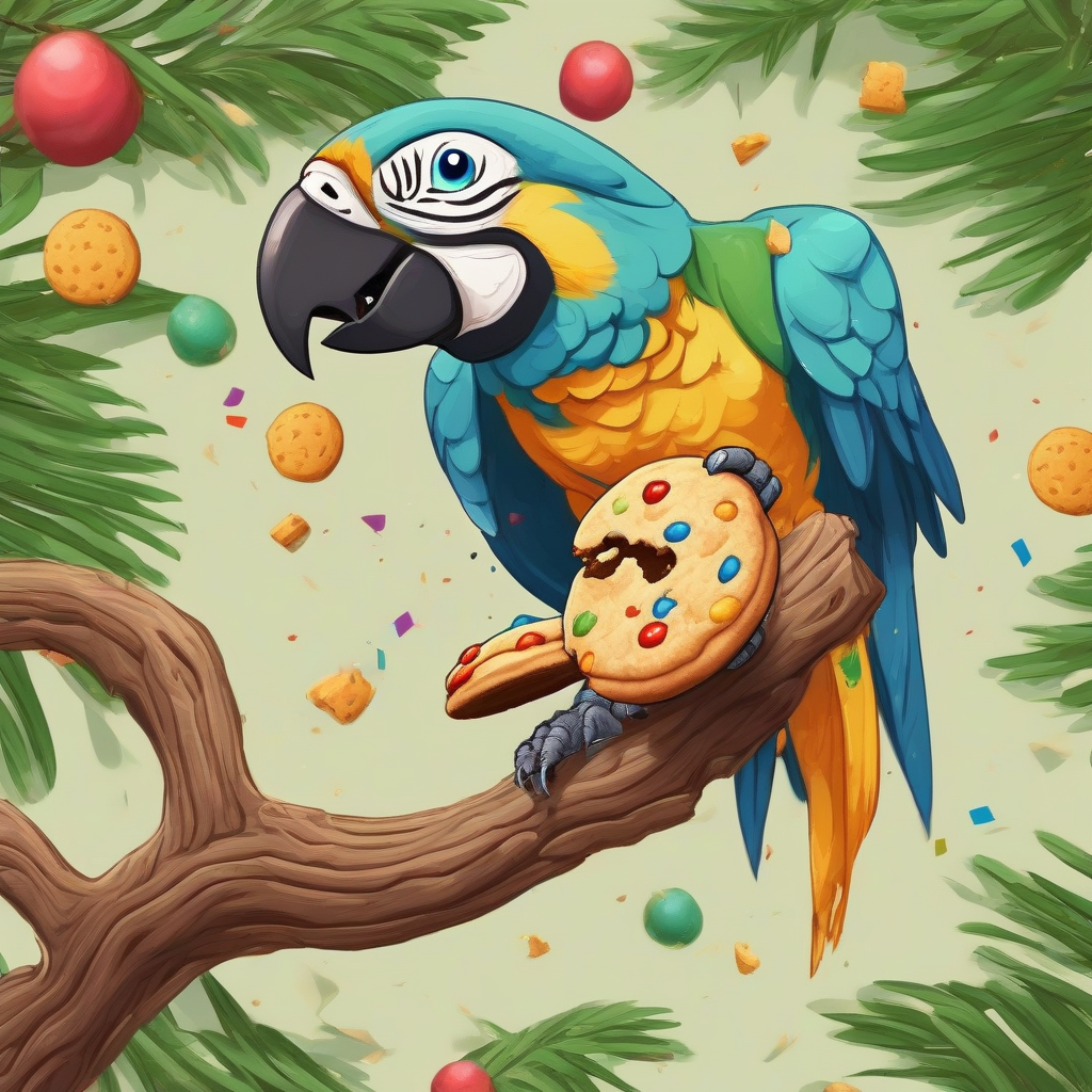 a colorful parrot steals a cookie flies to a branch and crumbles it by मुफ्त एआई छवि जनरेटर - बिना लॉगिन के✨ | AIGAZOU