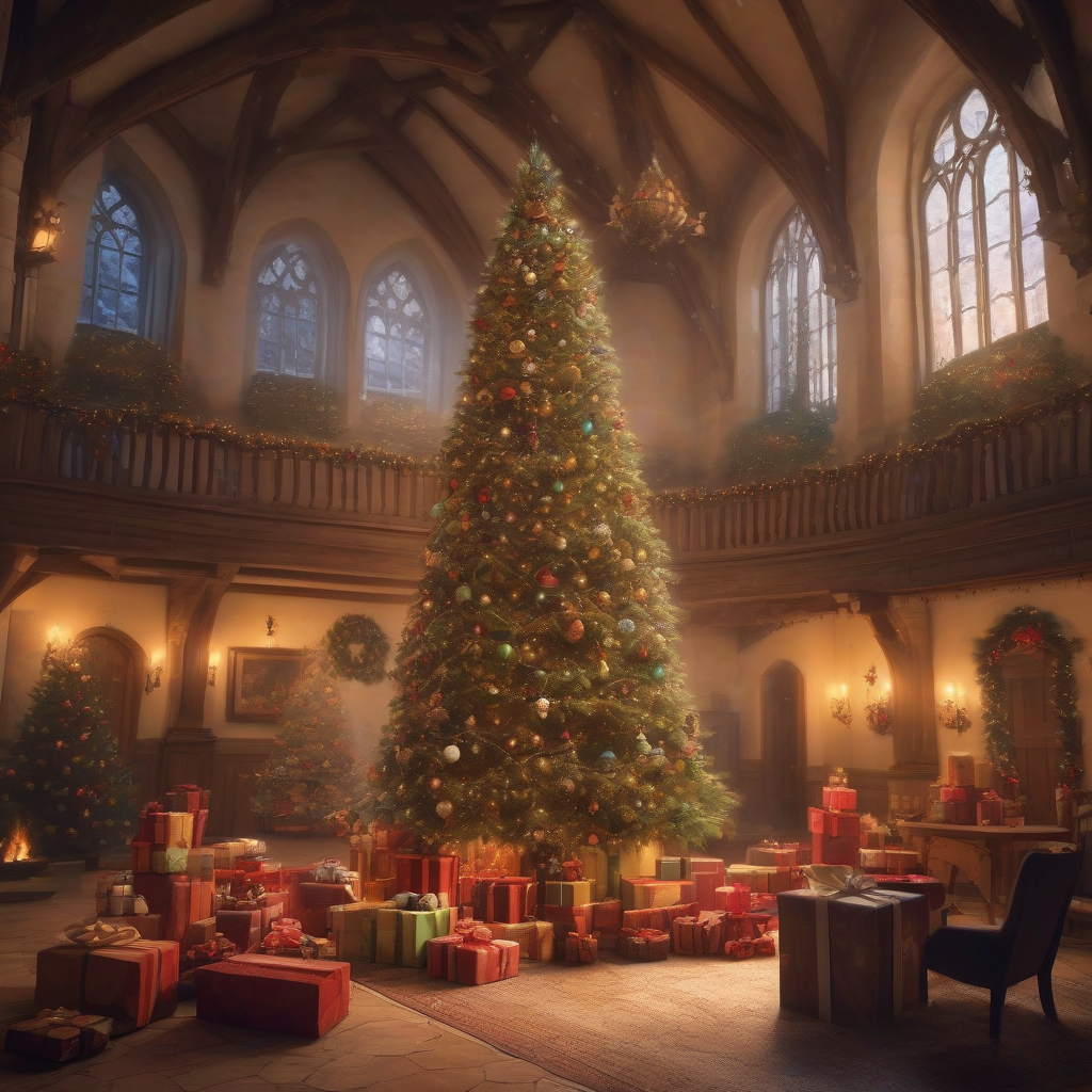 a tall christmas tree in a large brightly lit castle hall by मुफ्त एआई छवि जनरेटर - बिना लॉगिन के✨ | AIGAZOU