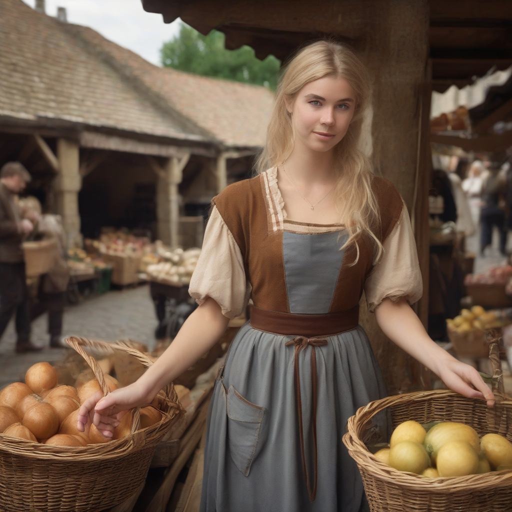 young woman brown dress apron basket blonde hair medieval market by मुफ्त एआई छवि जनरेटर - बिना लॉगिन के✨ | AIGAZOU