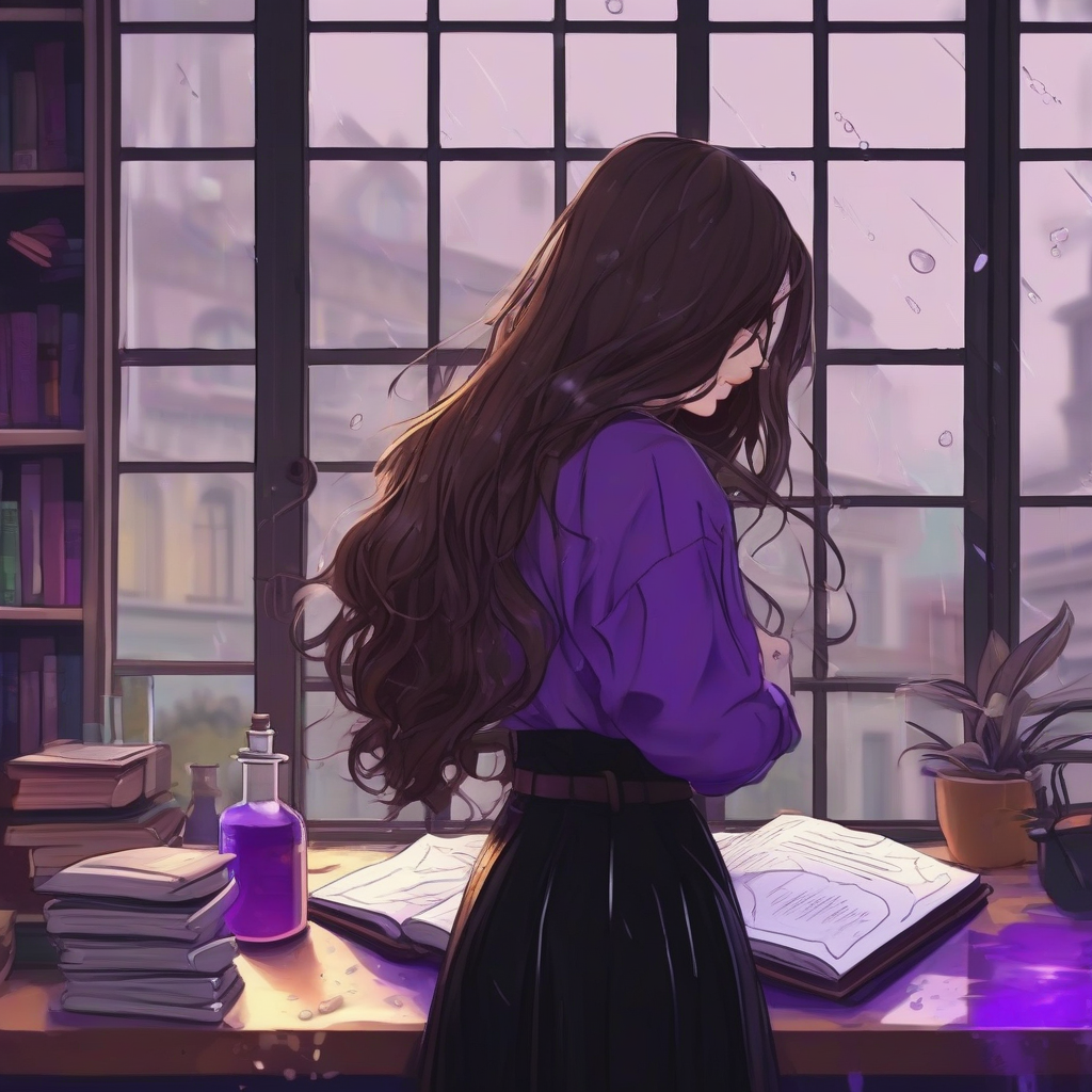 aesthetic brown long hair beautiful woman black clothes studying chemistry in front of window rainy day purple by मुफ्त एआई छवि जनरेटर - बिना लॉगिन के✨ | AIGAZOU