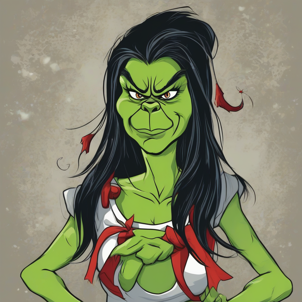 a beautiful angry female grinch with long black straight hair wearing a rock t shirt by मुफ्त एआई छवि जनरेटर - बिना लॉगिन के✨ | AIGAZOU