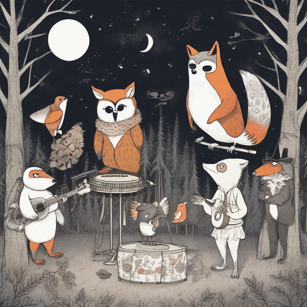 owl conducting concert in midnight forest with fox tanuki bear and birds by मुफ्त एआई छवि जनरेटर - बिना लॉगिन के✨ | AIGAZOU