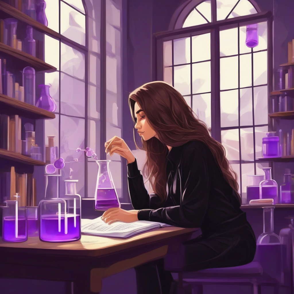 inspirational brown long hair beautiful woman black clothes studying chemistry in front of window purple by Générateur d'images par IA gratuit - Aucune connexion nécessaire✨ | AIGAZOU