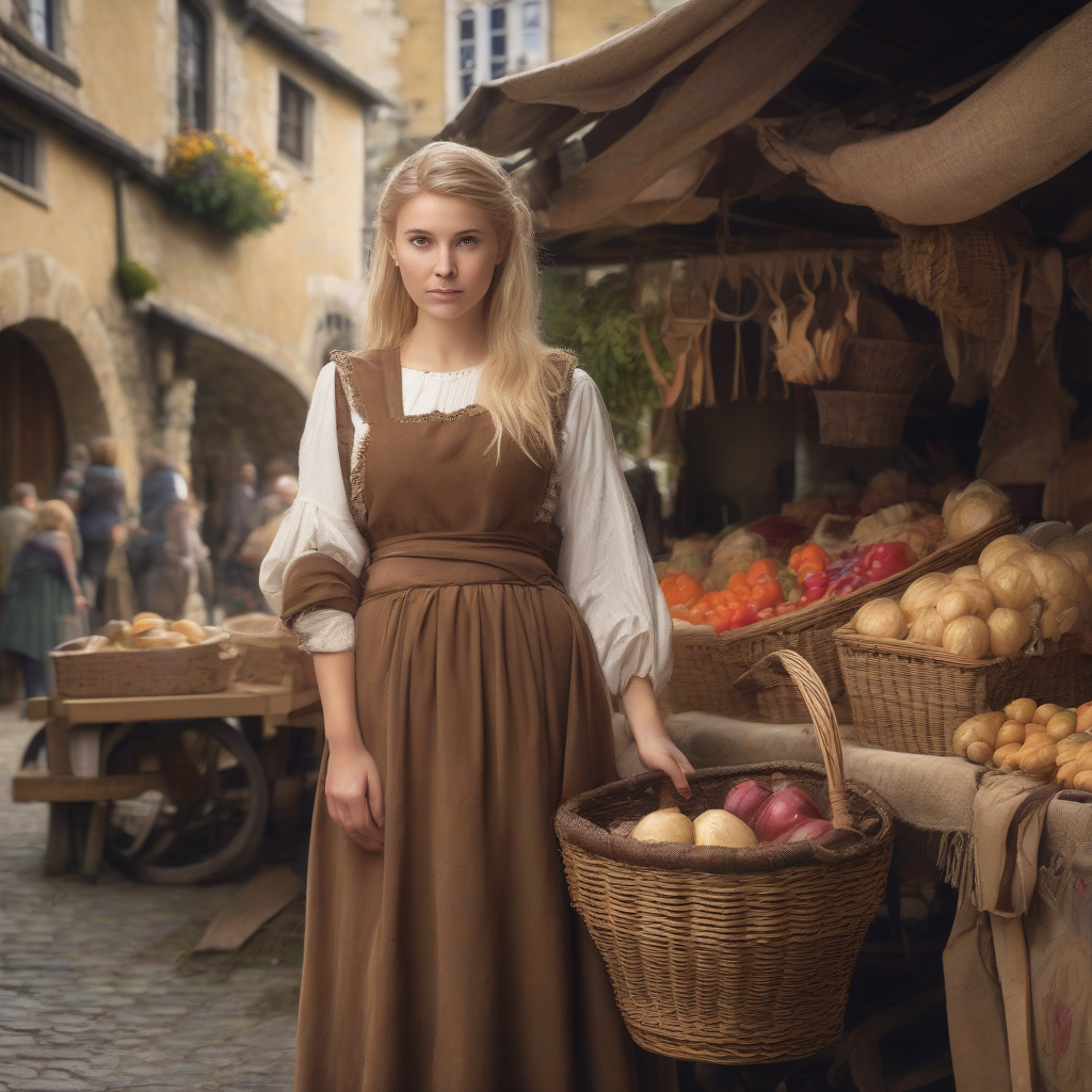 young woman with brown dress apron basket blonde hair medieval market by मुफ्त एआई छवि जनरेटर - बिना लॉगिन के✨ | AIGAZOU