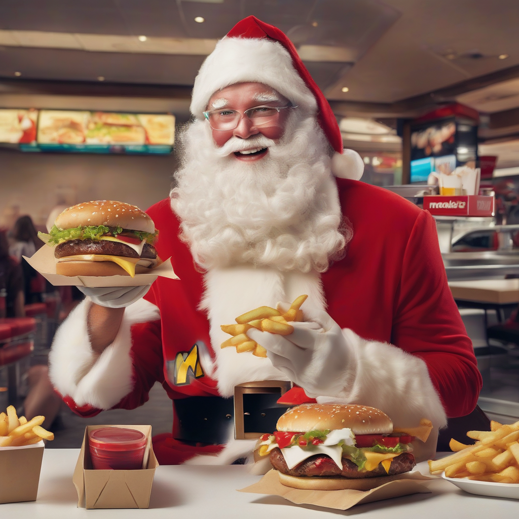 santa claus at mcdonalds with reindeer fries and burger by मुफ्त एआई छवि जनरेटर - बिना लॉगिन के✨ | AIGAZOU