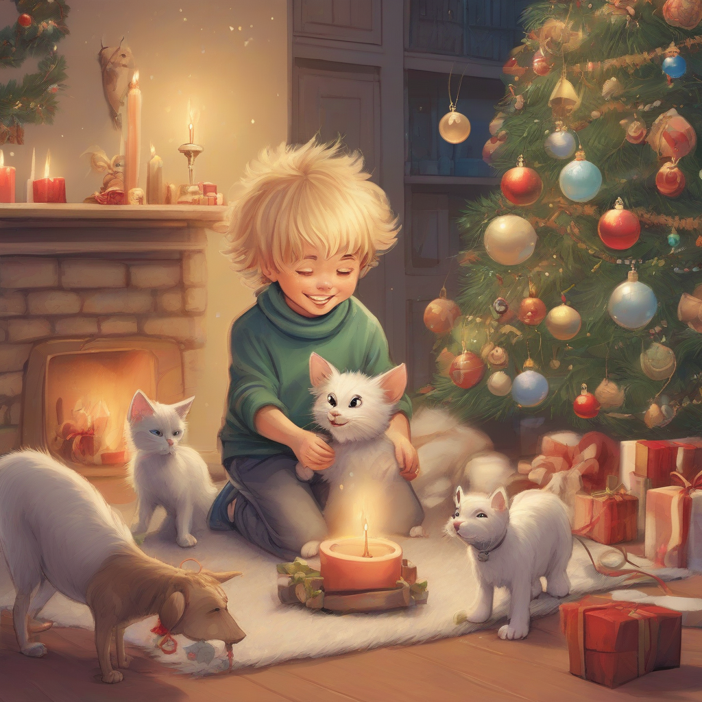 mouse cat dog donkey and blond haired boy in front of christmas tree by Générateur d'images par IA gratuit - Aucune connexion nécessaire✨ | AIGAZOU