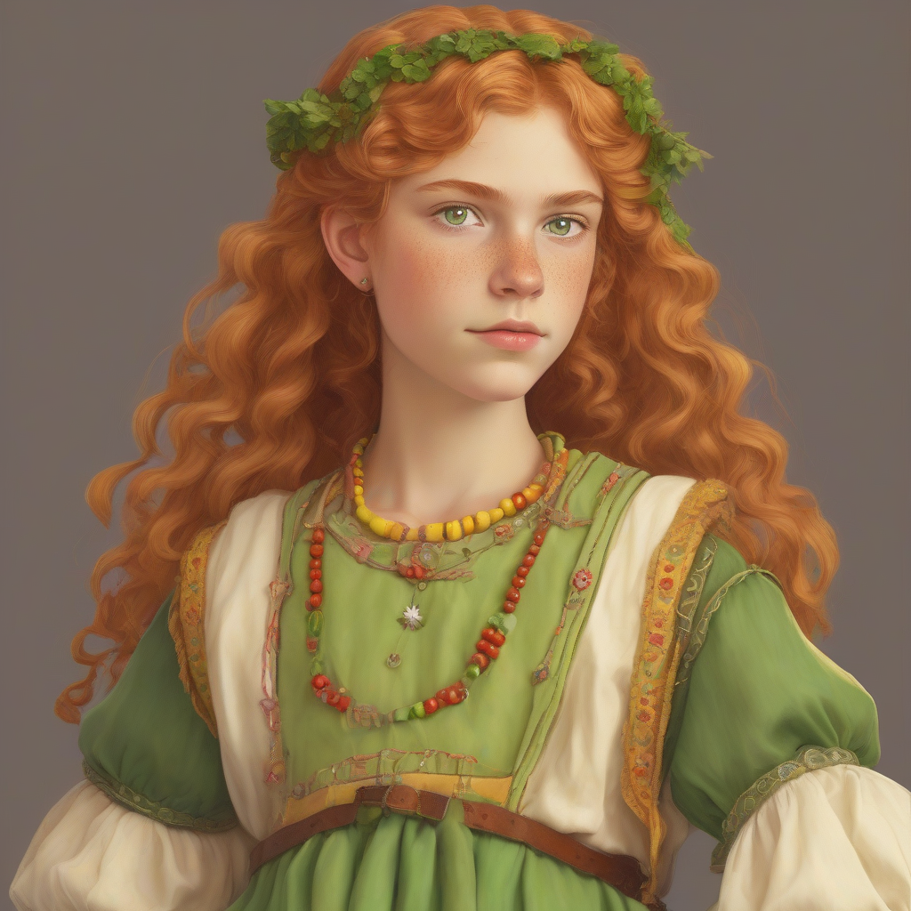 a girl with red blonde hair wears a yellow green germanic dress by मुफ्त एआई छवि जनरेटर - बिना लॉगिन के✨ | AIGAZOU