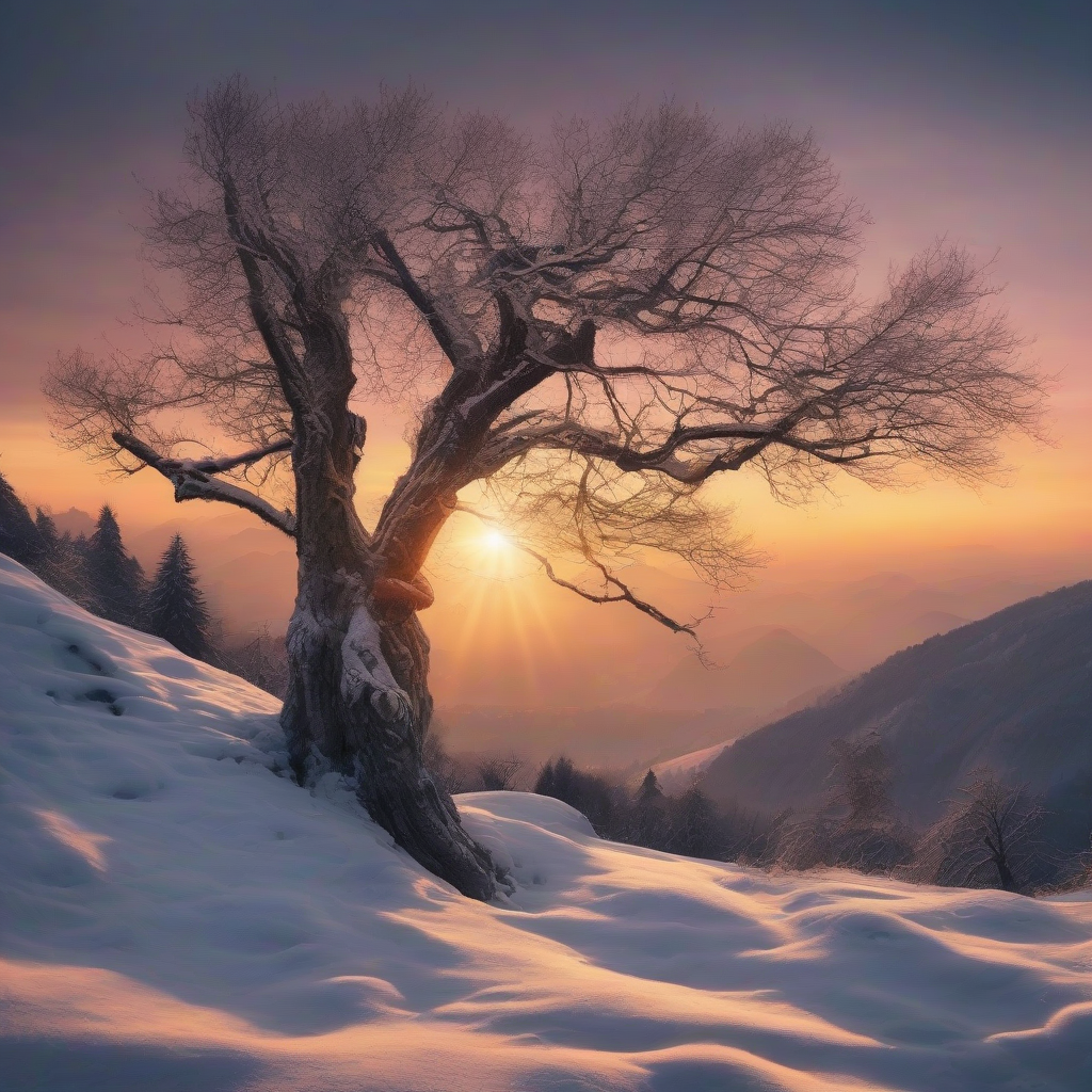 landscape with winter sunset in the lower mountains big old tree by मुफ्त एआई छवि जनरेटर - बिना लॉगिन के✨ | AIGAZOU