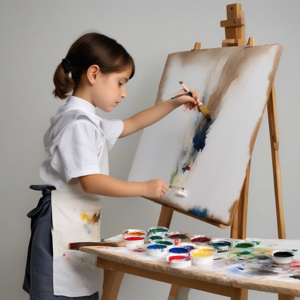 a 7 year old child in a paint stained apron paints a tiny themed canvas by Générateur d'images par IA gratuit - Aucune connexion nécessaire✨ | AIGAZOU