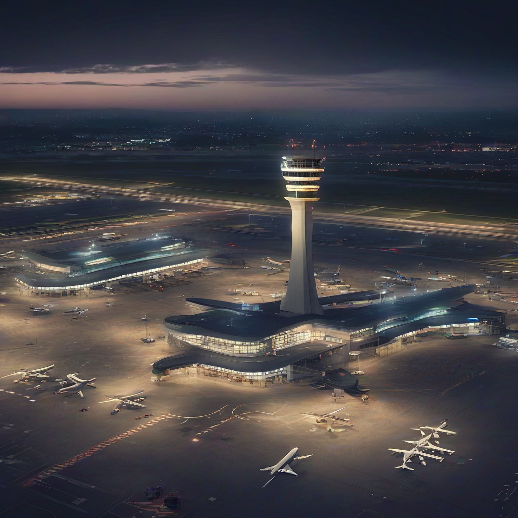 a large airport with control tower and many lights at night by मुफ्त एआई छवि जनरेटर - बिना लॉगिन के✨ | AIGAZOU