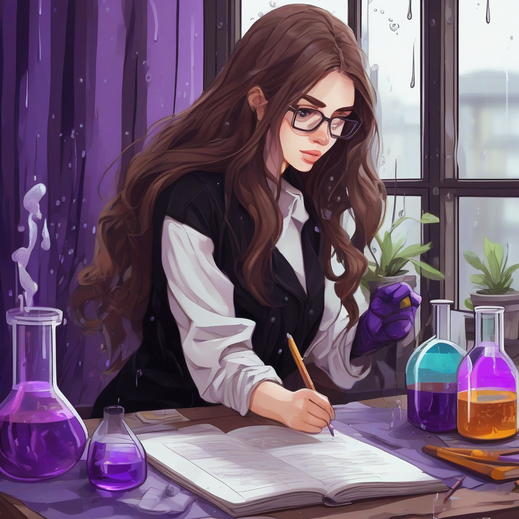 artsy brown long hair beautiful woman black clothes studying chemistry in front of window rainy day purple by मुफ्त एआई छवि जनरेटर - बिना लॉगिन के✨ | AIGAZOU