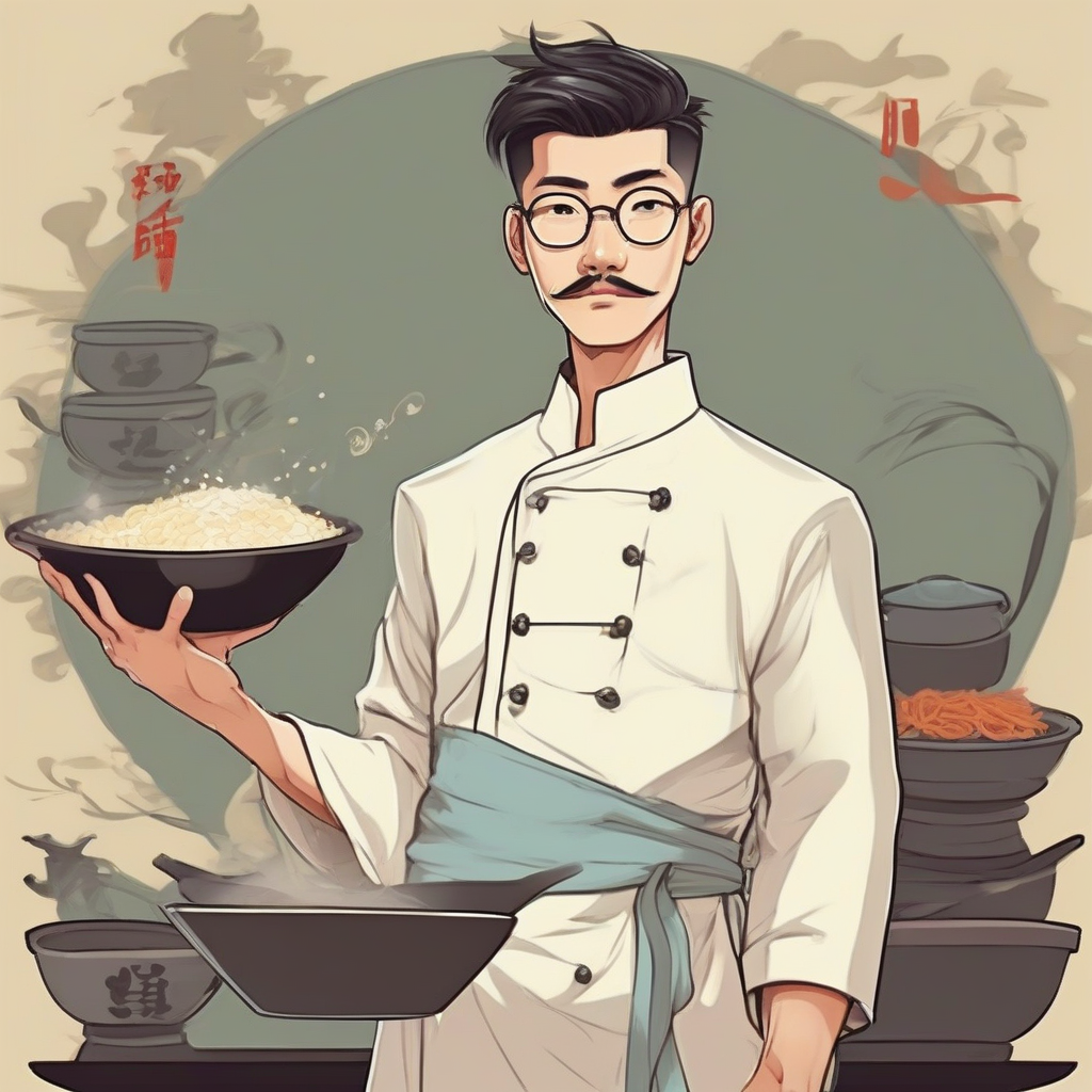 asian man with round glasses and moustache wearing chinese cook uniform by Générateur d'images par IA gratuit - Aucune connexion nécessaire✨ | AIGAZOU