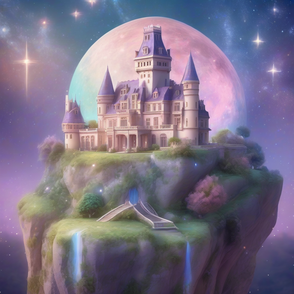 celestial castle in galaxy with star dust walls and pastel star fragment roofs with majestic cliff gardens and magical plants by मुफ्त एआई छवि जनरेटर - बिना लॉगिन के✨ | AIGAZOU