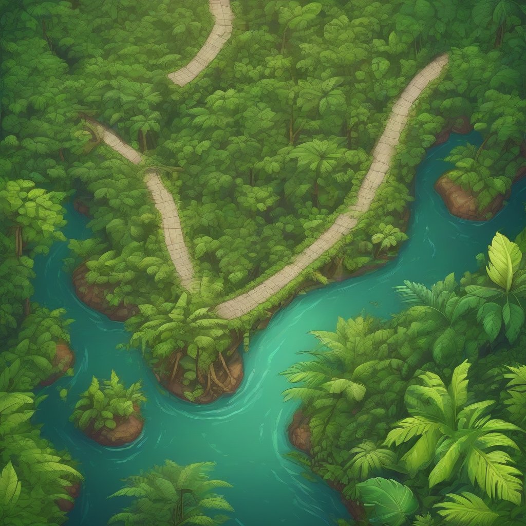 jungle from bird perspective with path in snakelike lines through jungle and over river ending in door by मुफ्त एआई छवि जनरेटर - बिना लॉगिन के✨ | AIGAZOU