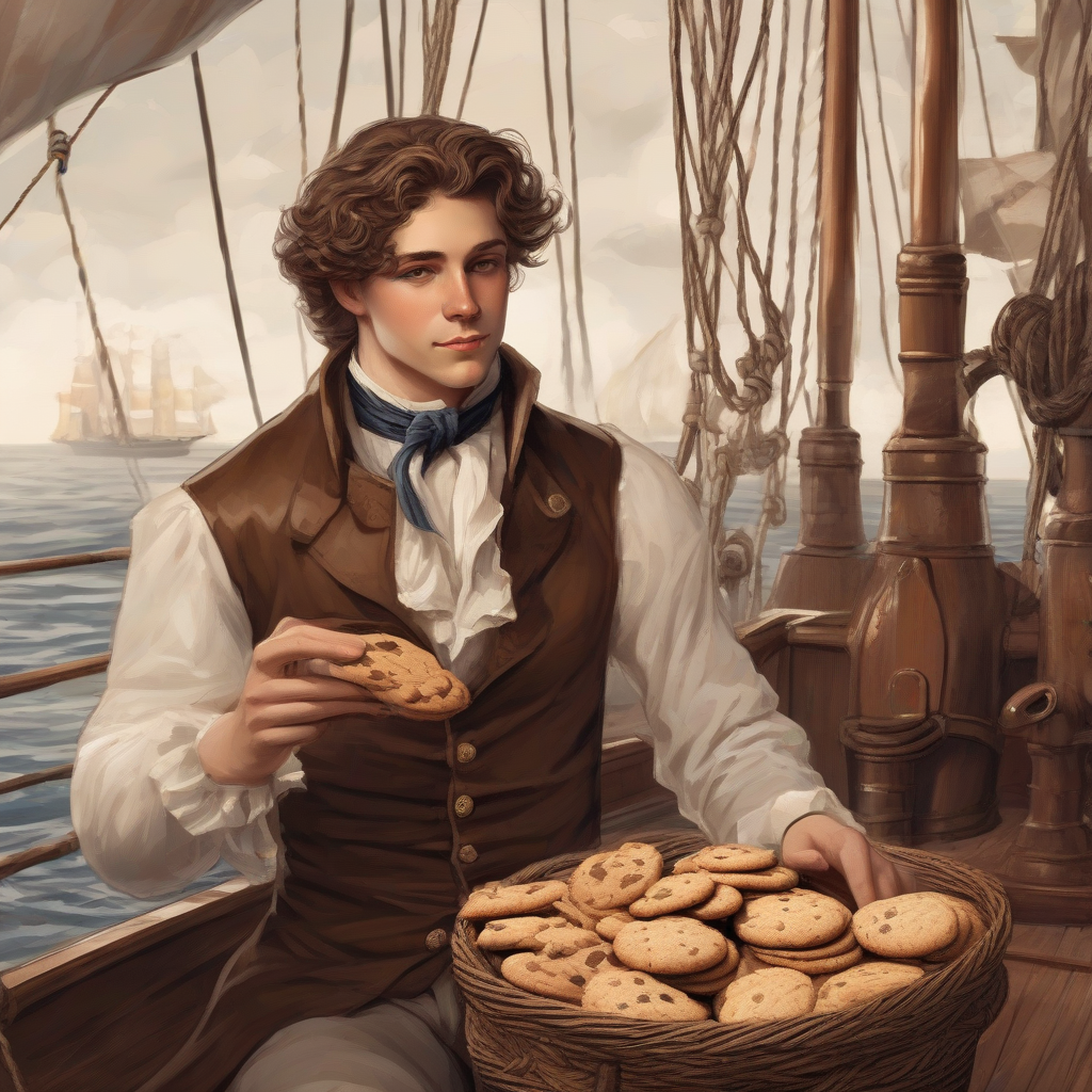 noble youth in elegant clothing with long brown hair on an old sailing ship holding cookies by मुफ्त एआई छवि जनरेटर - बिना लॉगिन के✨ | AIGAZOU