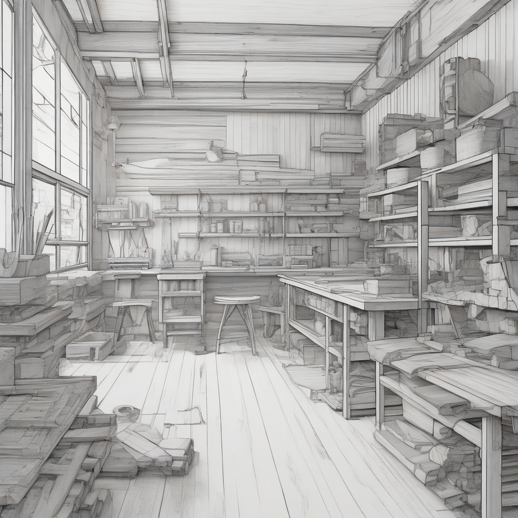 woodworking shop line drawing by मुफ्त एआई छवि जनरेटर - बिना लॉगिन के✨ | AIGAZOU