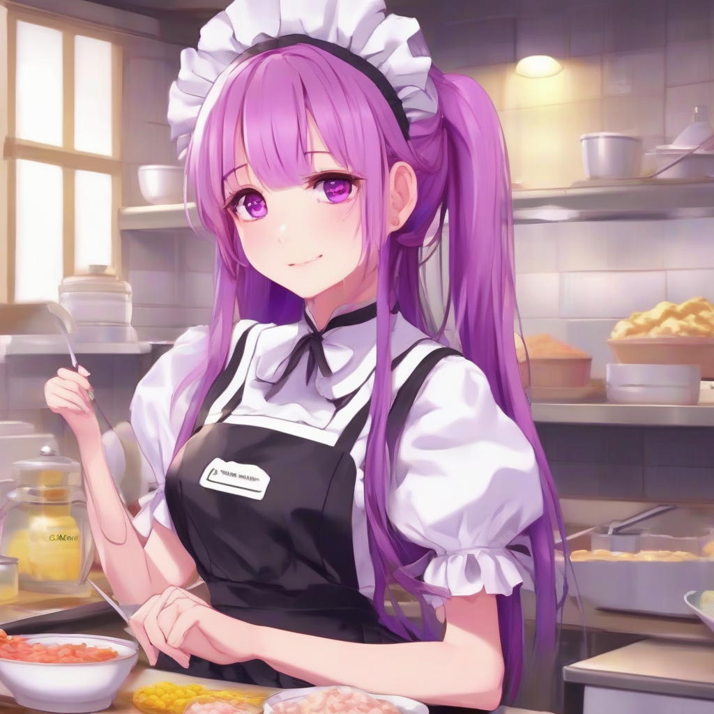 pink purple hair long straight hair purple eyes cute anime yellow maid dress red face omurice by मुफ्त एआई छवि जनरेटर - बिना लॉगिन के✨ | AIGAZOU