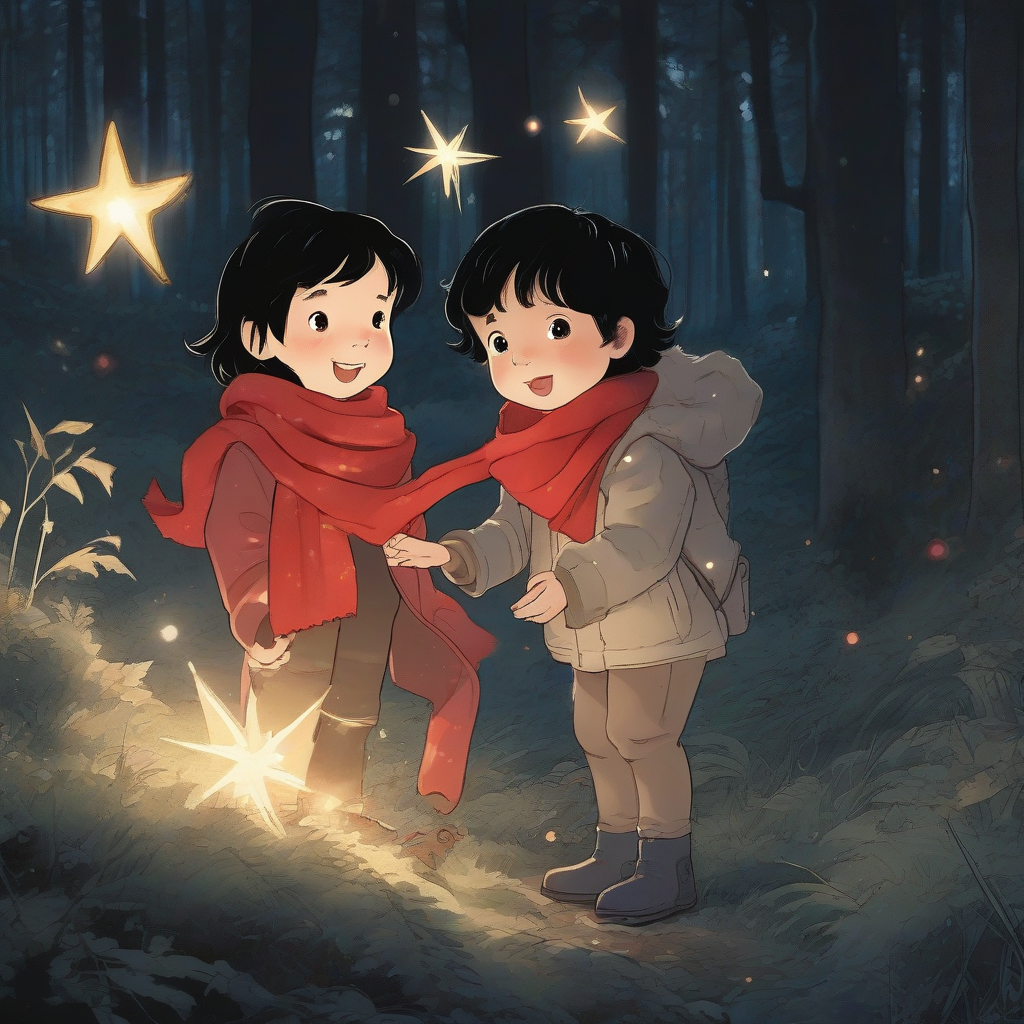 sparkling star fragments in hand black haired three year old and seven year old with red scarf forest lit by by मुफ्त एआई छवि जनरेटर - बिना लॉगिन के✨ | AIGAZOU