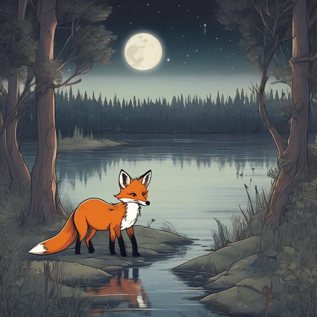 a curious little fox crossed the dense forest and arrived at the lake under the moonlight by 免费AI图像生成工具 | AIGAZOU