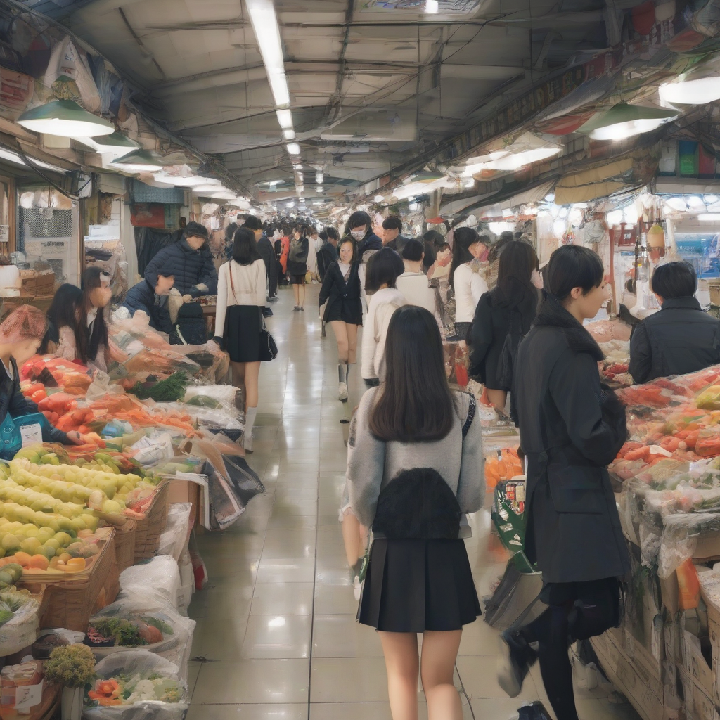 walking through the market in korea with a miniskirt high school girl by मुफ्त एआई छवि जनरेटर - बिना लॉगिन के✨ | AIGAZOU