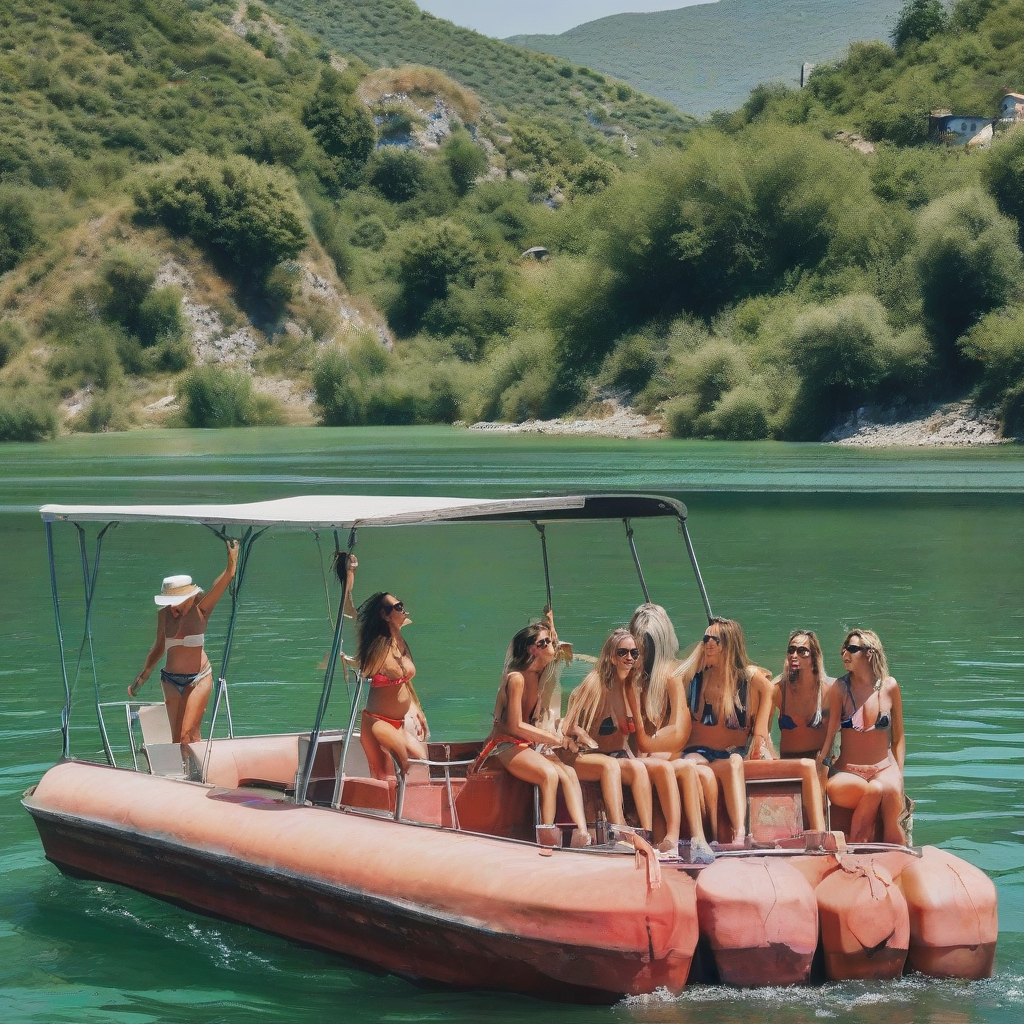 bootstour auf skadar lake mit vielen weiblichen touristinnen in bikini by Générateur d'images par IA gratuit - Aucune connexion nécessaire✨ | AIGAZOU