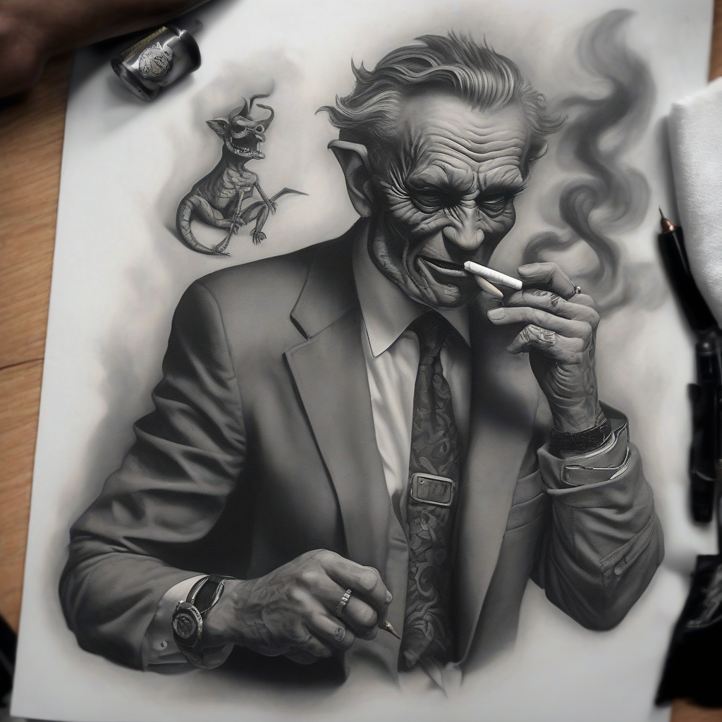 realistic tattoo gray black man smoking cigars with devil by मुफ्त एआई छवि जनरेटर - बिना लॉगिन के✨ | AIGAZOU