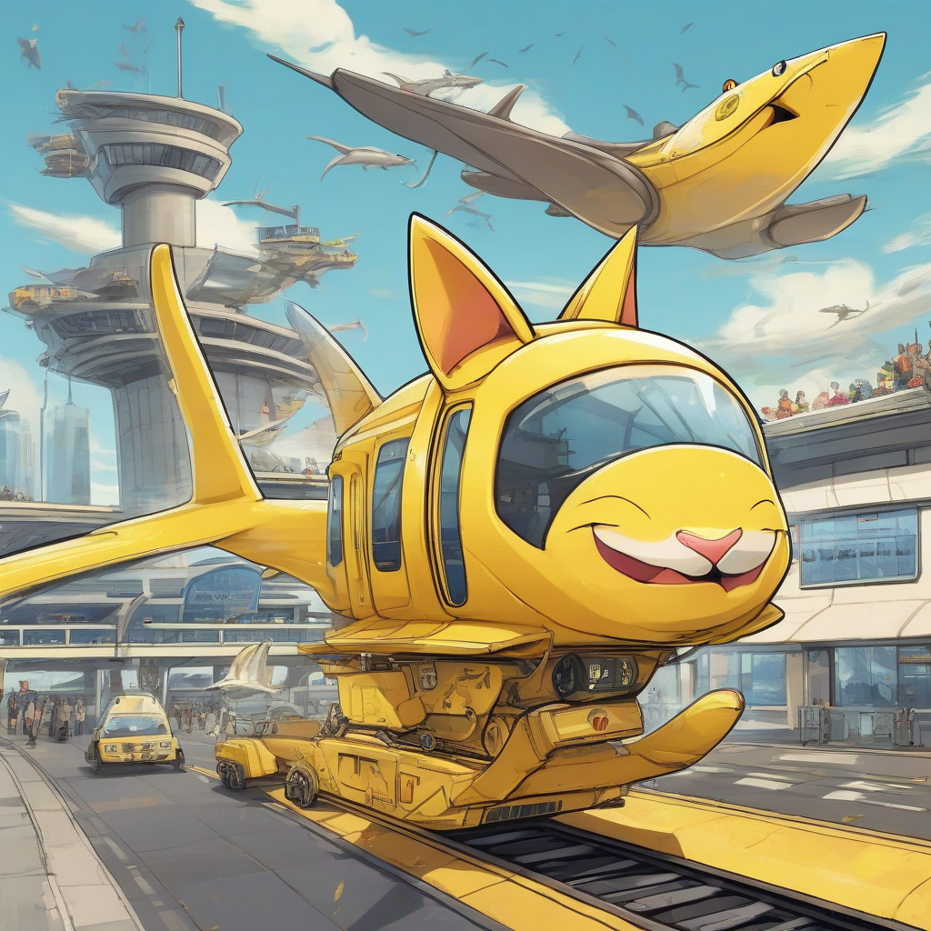 a yellow subway car with wings piloted by a cat and flying sharks over an airport by Générateur d'images par IA gratuit - Aucune connexion nécessaire✨ | AIGAZOU