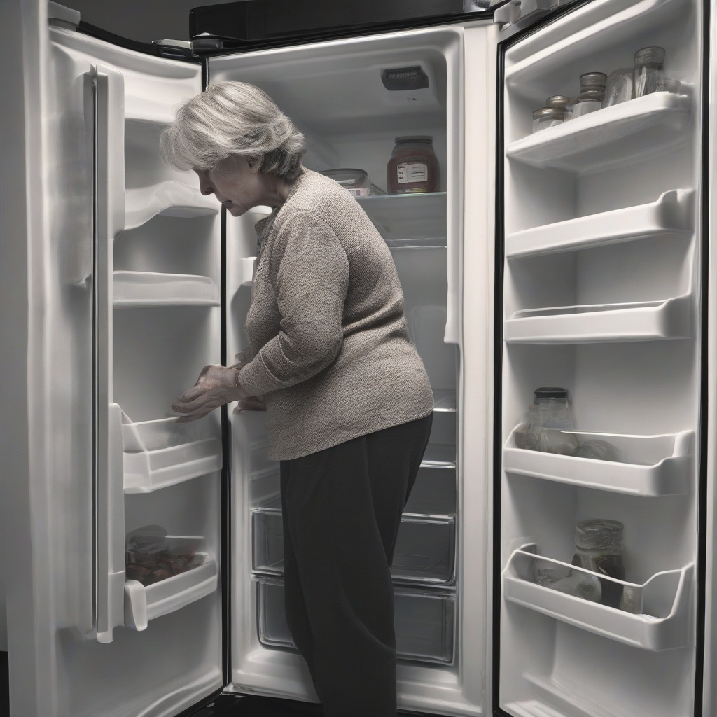 worried middle aged woman looking into empty fridge by 免费AI图像生成工具 | AIGAZOU