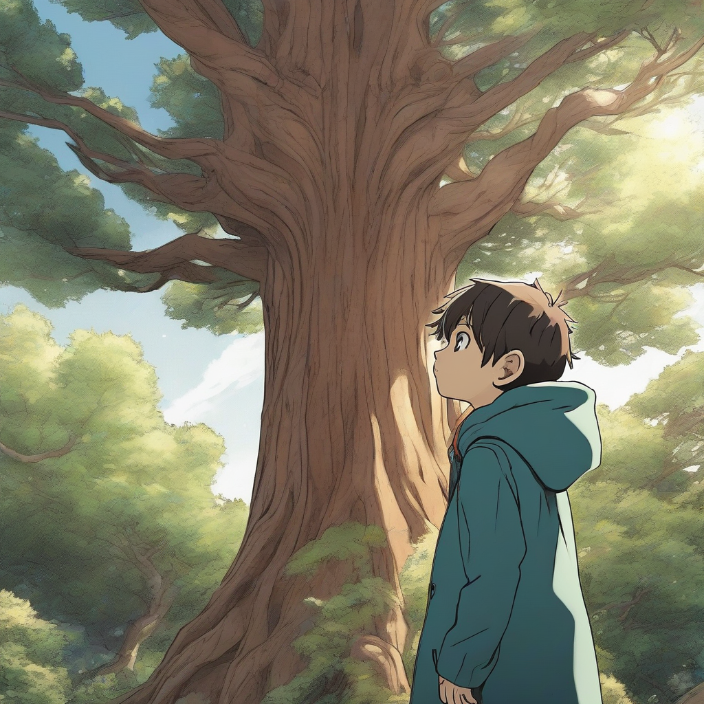 anime style child in hooded coat looking up at large momi tree by Free AI Image Generator & Maker - No login required✨ | AIGAZOU