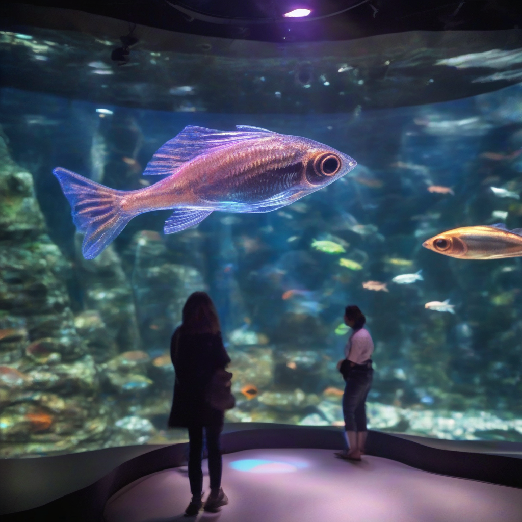 a small fish swims in front of visitors in an aquarium using holographic projection by मुफ्त एआई छवि जनरेटर - बिना लॉगिन के✨ | AIGAZOU