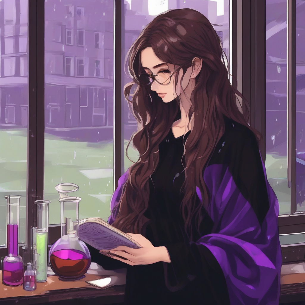 aesthetic brown long hair beautiful woman black clothes studying chemistry in front of window rainy day purple by मुफ्त एआई छवि जनरेटर - बिना लॉगिन के✨ | AIGAZOU