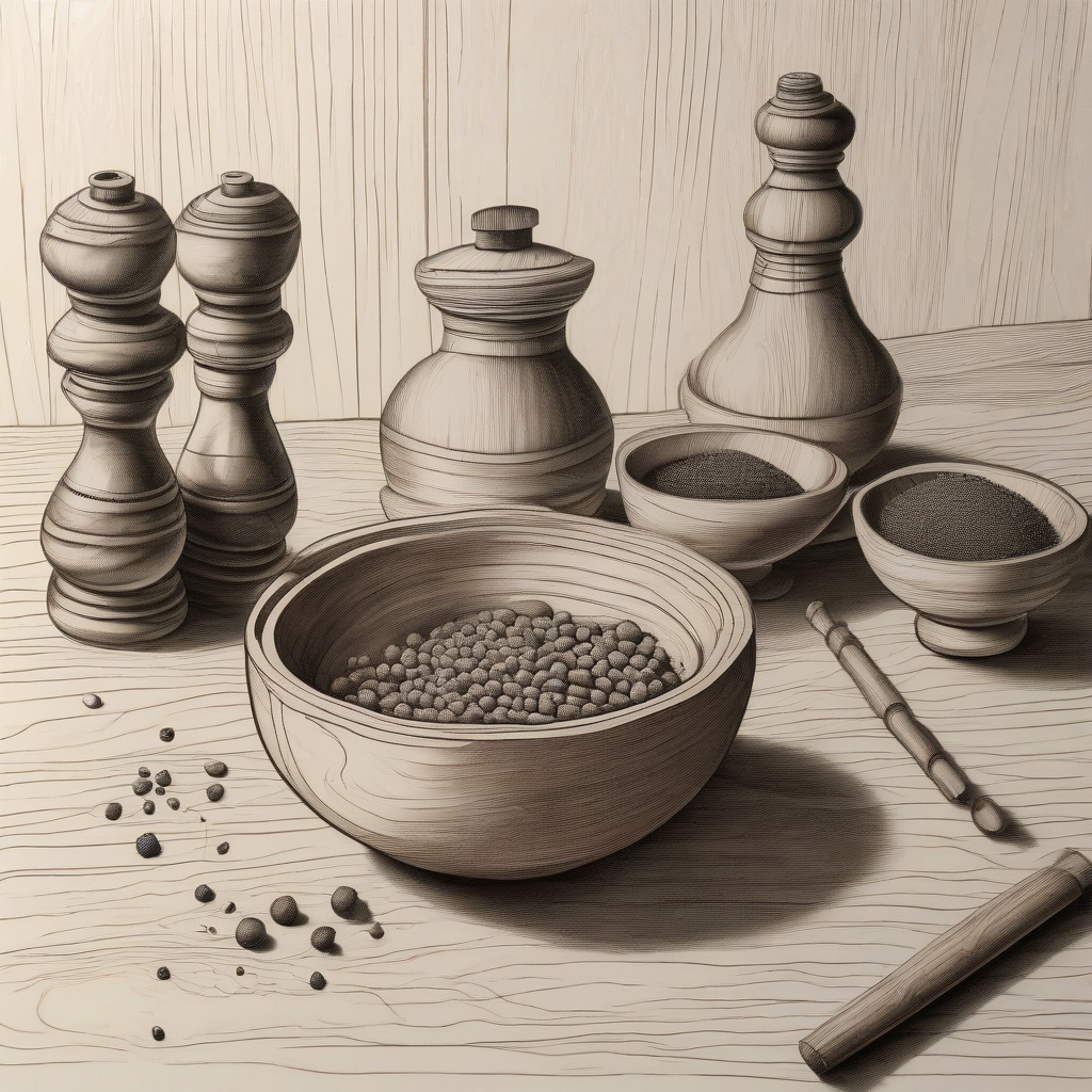 salt and pepper shakers in background wooden bowl foreground colored woodturning by मुफ्त एआई छवि जनरेटर - बिना लॉगिन के✨ | AIGAZOU