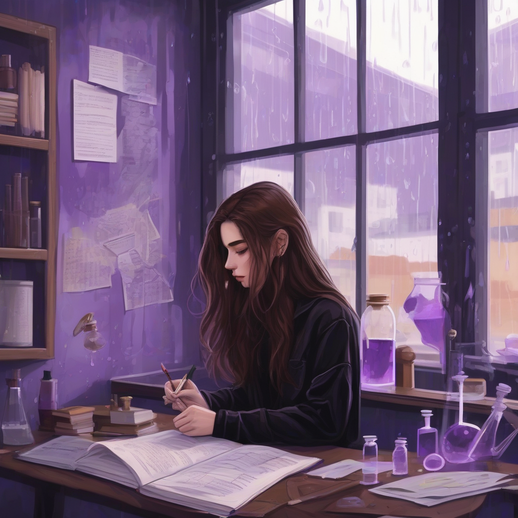 artsy aesthetic brown long hair beautiful woman black clothes studying chemistry in front of window rainy day purple by मुफ्त एआई छवि जनरेटर - बिना लॉगिन के✨ | AIGAZOU