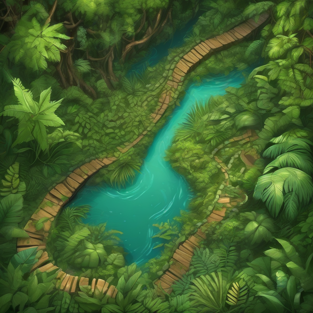 realistic jungle top view river board game path secret door bird perspective by मुफ्त एआई छवि जनरेटर - बिना लॉगिन के✨ | AIGAZOU